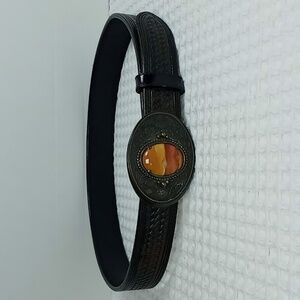 Vogt Leather Basketweave Belt Etched Brass Buckle w/Jasper Gemstone Brown 32